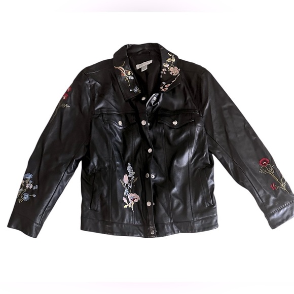 Christopher & Banks Vegan Leather floral embroidered leather moto jacket Size LP - Picture 1 of 9